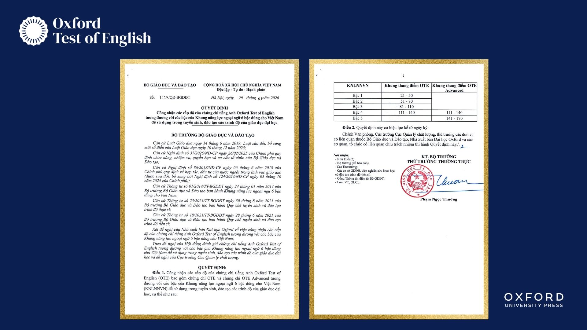 Công nhận chứng chỉ tiếng Anh Oxford Test of English trong Khung ngoại ngữ 6 bậc
